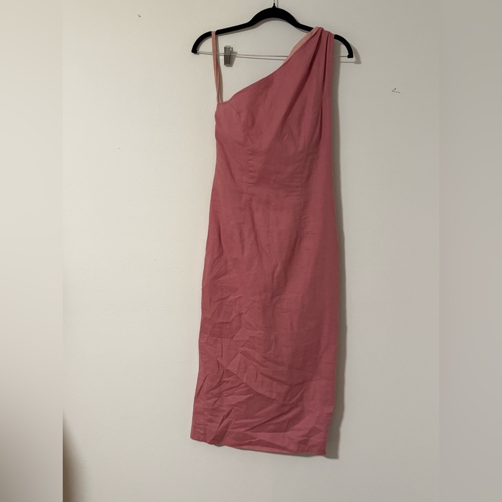 Women’s pink linen one shoulder midi dress